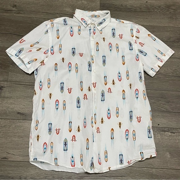 ZARA Mens White Boat Print Casual Shirt Short Sleeve Botton Regular Fit Up Sz XL - Picture 1 of 8